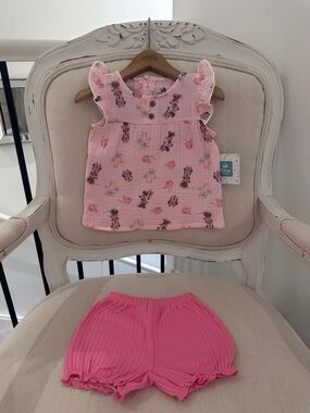🤍 6~12 Mth Baby Girl Pink Minnie Mouse Floral Two-Piece Set 100% Cotton NWT
